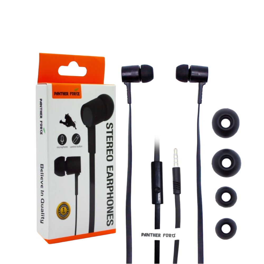 Panther Force In-Ear Hands-Free Headphones - PF88 | Built-In Mic, Clear Sound, Ergonomic Fit, Tangle-Free Cable, Universal Compatibility, Durable Black Design Panther Force In-Ear Hands-Free Headphones - PF88 | Built-In Mic, Clear Sound, Ergonomic Fit, Tangle-Free Cable, Universal Compatibility, Durable Black Design